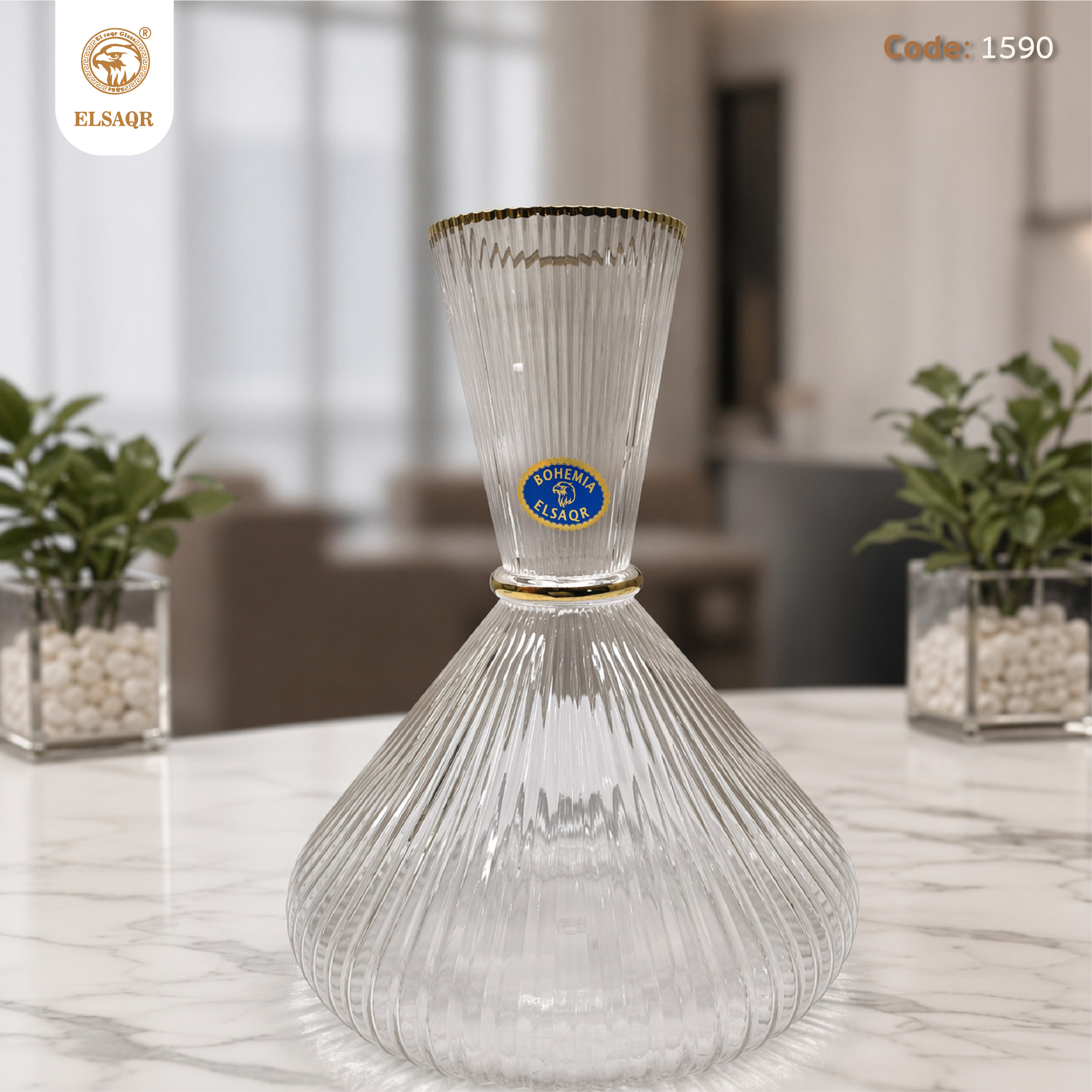 طقم شربات كريستال بوهيمي هاند ميد 7 قطع - 6 كاسات وقارورةبالغطاء شفة ذهب - الصقر (كود: 1590) - صورة أخرى