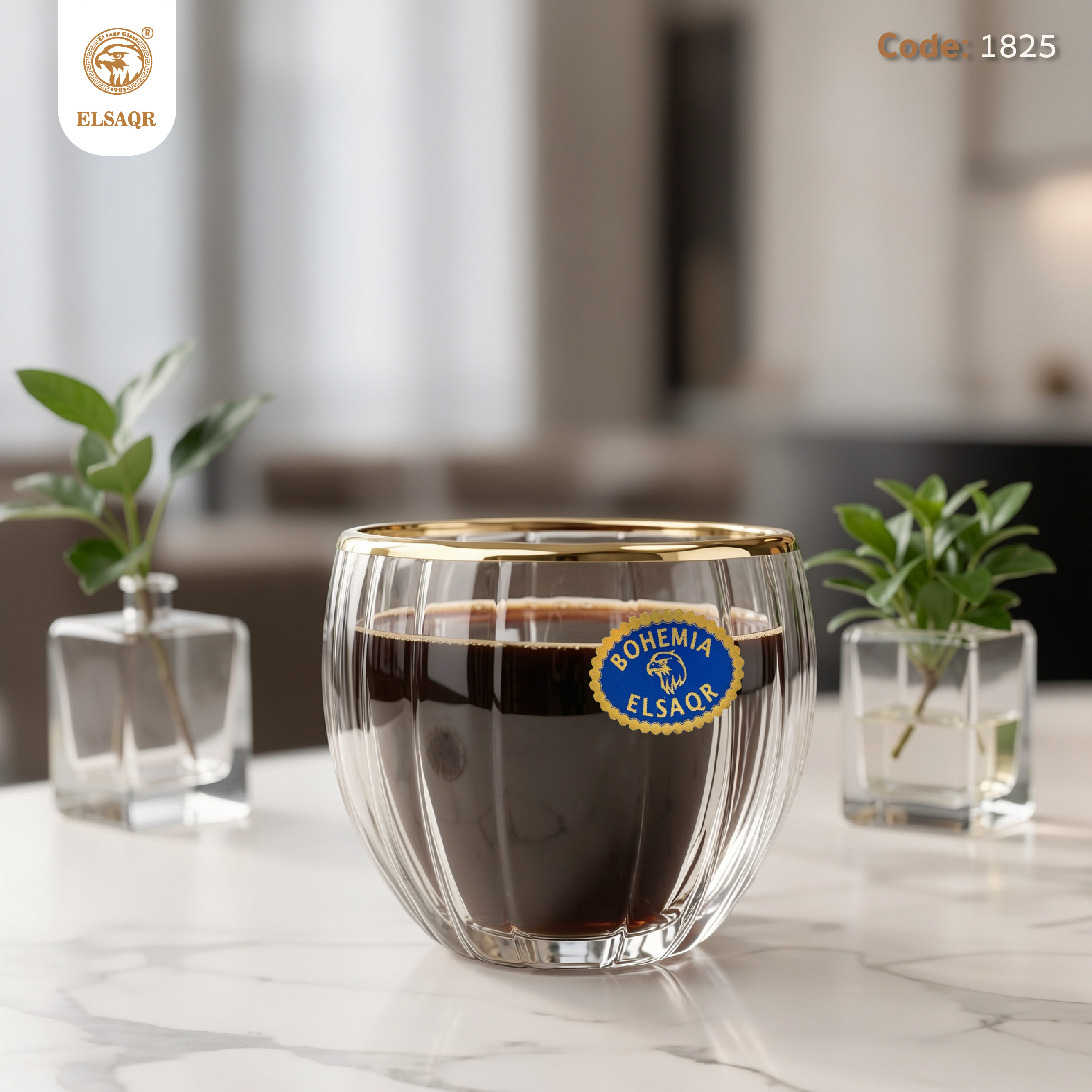 طقم شاي وقهوة بريكس ذهب 1825 الصقر - كريستال بوهيمي مع سخان - صورة أخرى