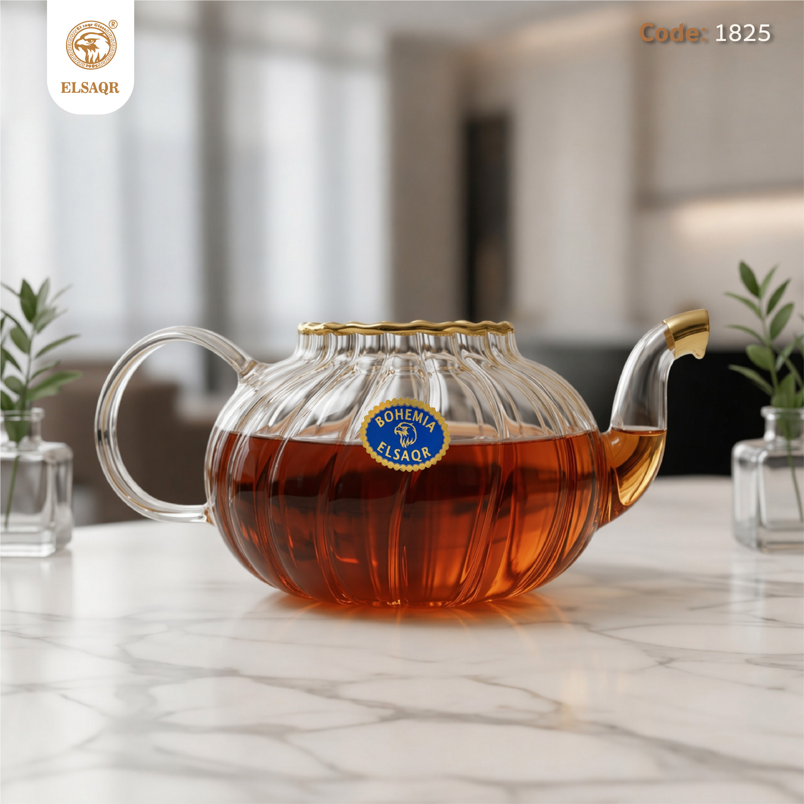 طقم شاي وقهوة بريكس ذهب 1825 الصقر - كريستال بوهيمي مع سخان - صورة 3
